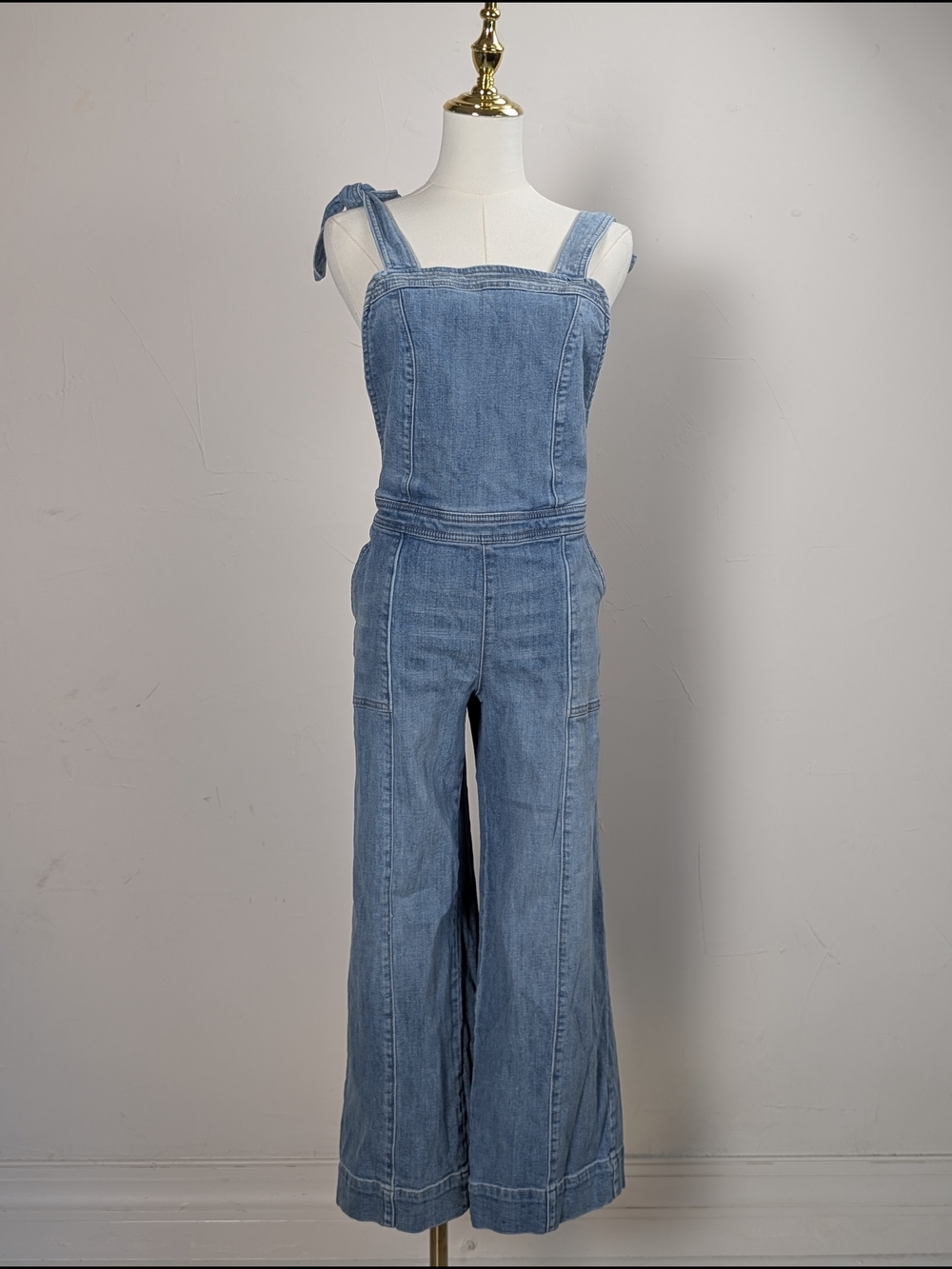 Chic Soho Denim Apron Bow-Back Wide-Leg Jumpsuit in Light Blue